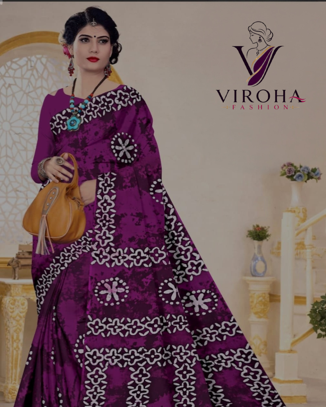 Digital Print Handloom Cotton Linen Saree(Royal Purple)
