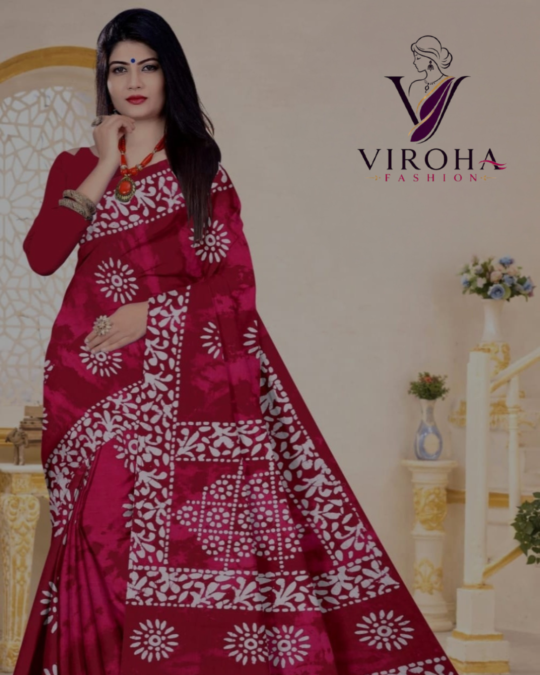 Digital Print Handloom Cotton Linen Saree(Crimson Red)