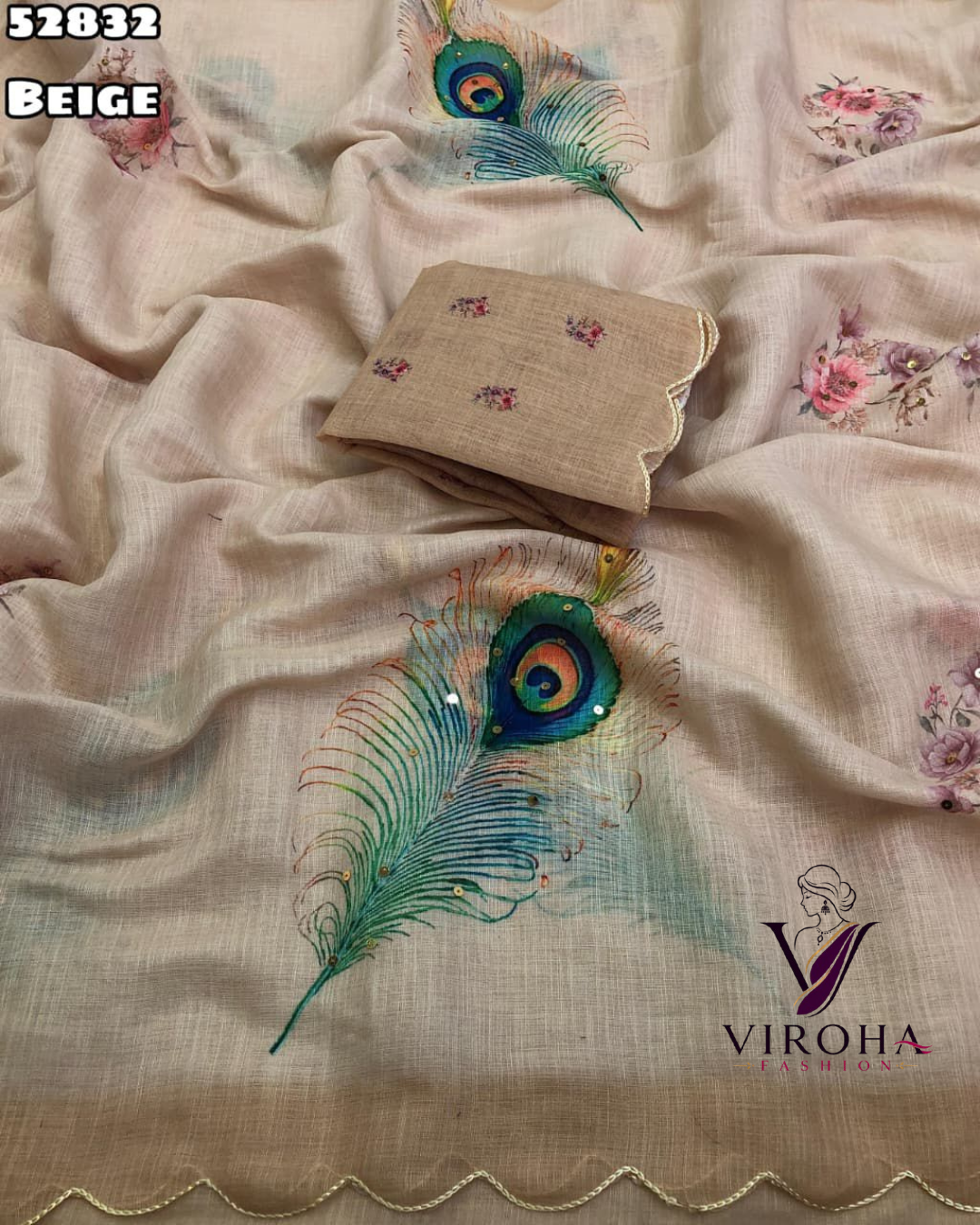  Floral Print Handloom Cotton Linen Saree (Gold)