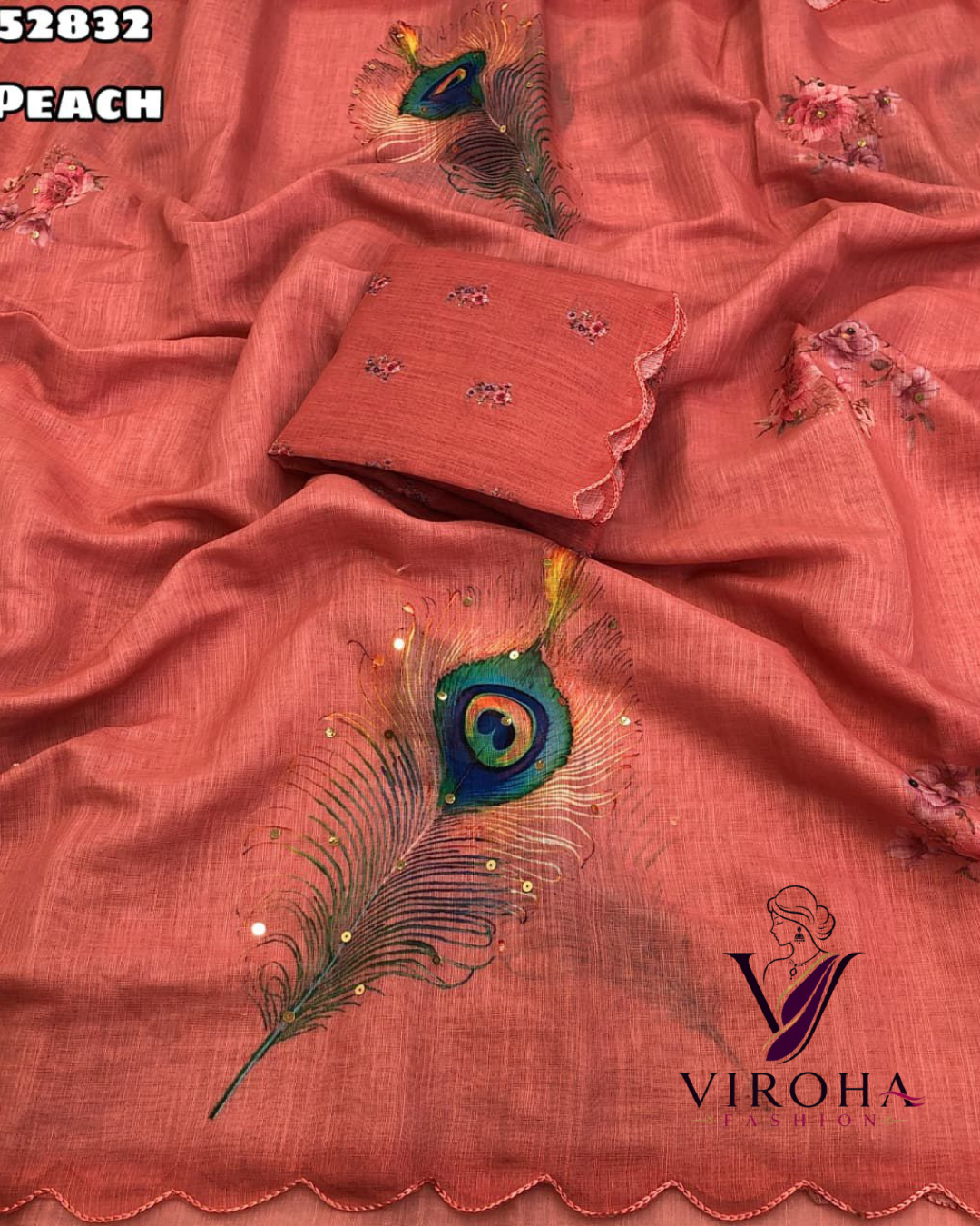 Floral Print Handloom Cotton Linen Saree (Peach)