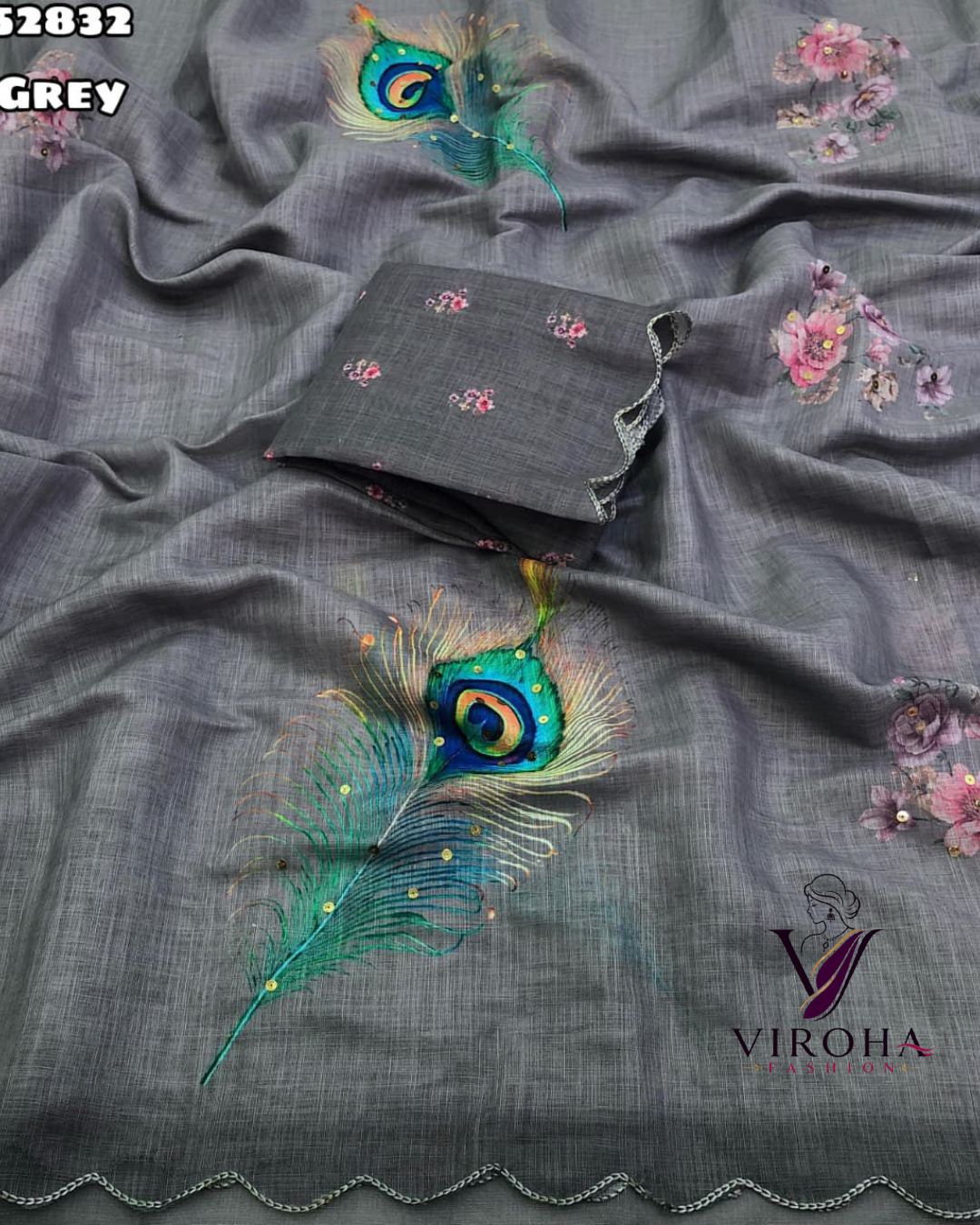 Floral Print Handloom Cotton Linen Saree (Grey)