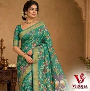 Emerald Mayuri Floral Saree in Teal Green, image 2