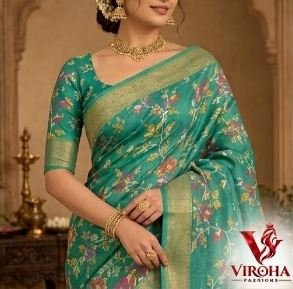 Emerald Mayuri Floral Saree in Teal Green, image 3