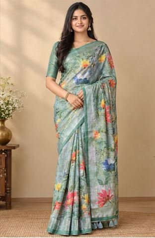 Viroha Blooming Petals Floral Cotton Saree in Sage Green, image 2