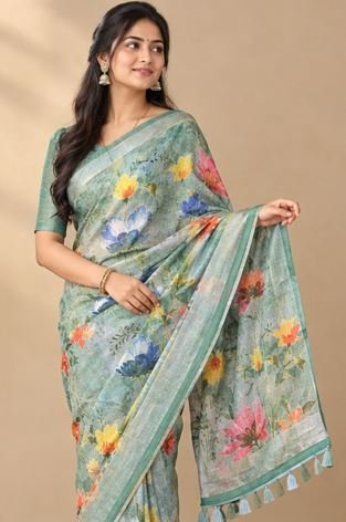 Viroha Blooming Petals Floral Cotton Saree in Sage Green, image 3