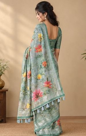 Viroha Blooming Petals Floral Cotton Saree in Sage Green, image 5